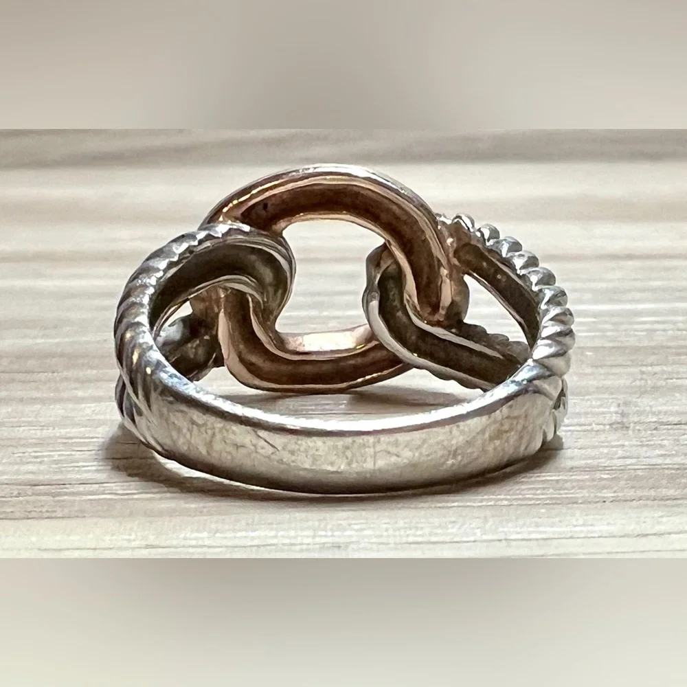 Designer Signed (B) Sterling Silver & Gold Wash Two Tone Twisted Cable Link Ring